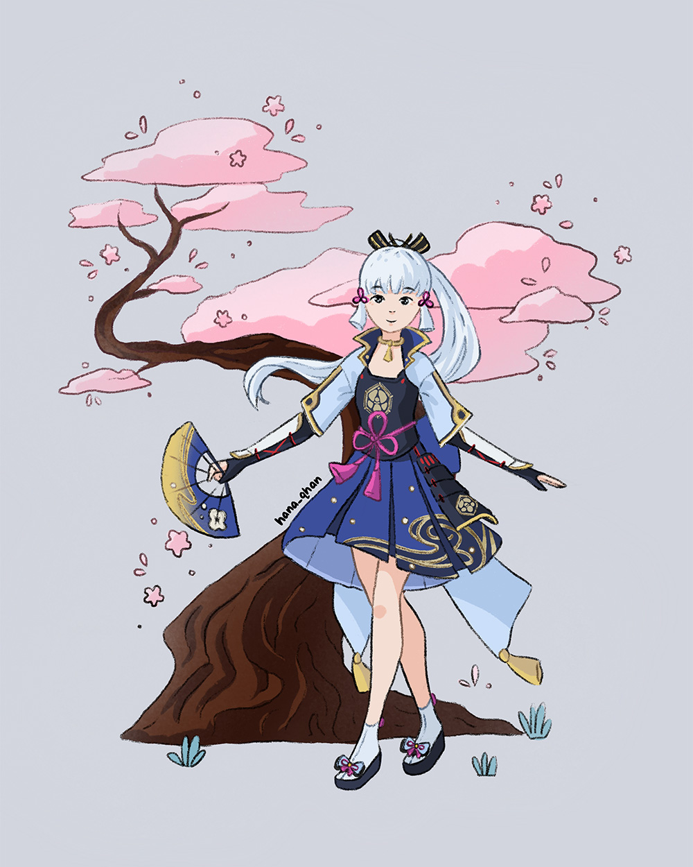 Drawing of a girl wearing a dress and holding a fan, next to a cherry blossom tree