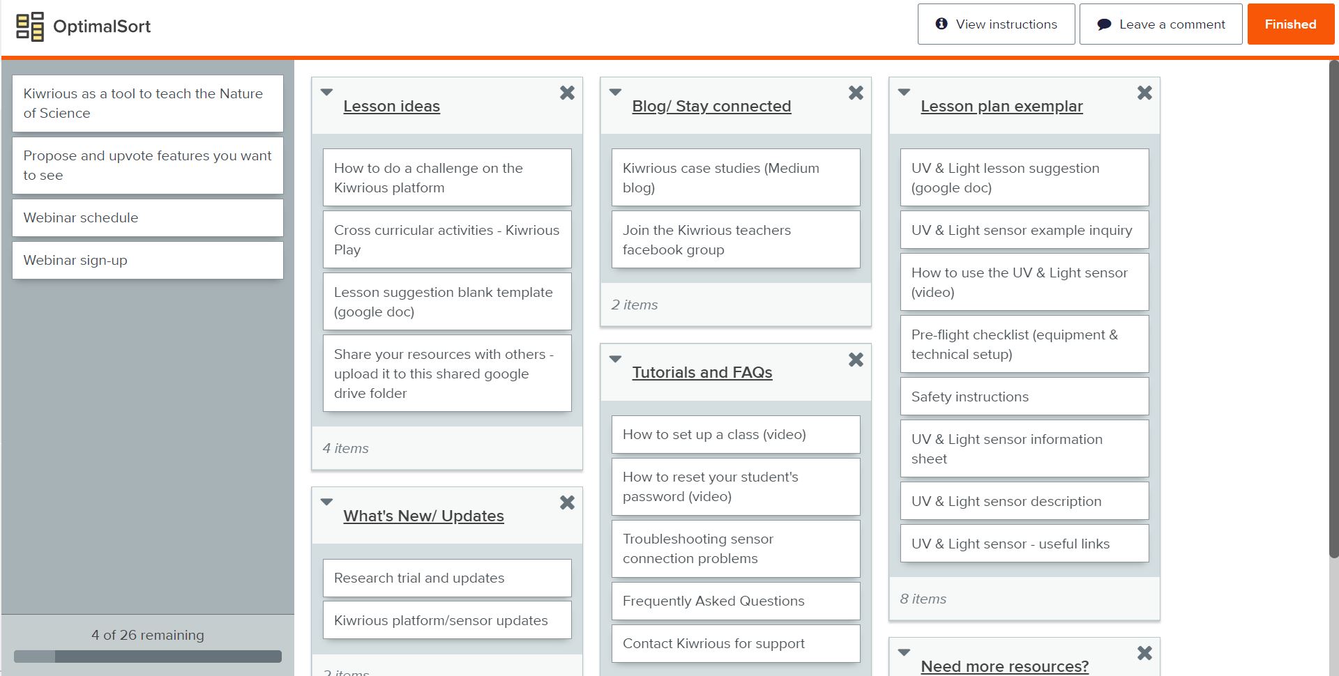 A screenshot from the website Optimal Workshop, which shows one teacher's response to how they organized cards into different categories