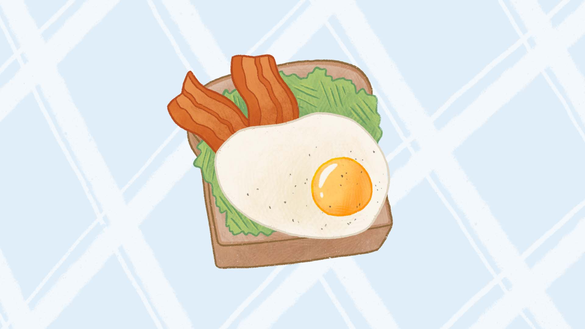 Illustrated image of toast with avocado, bacon and a fried egg 