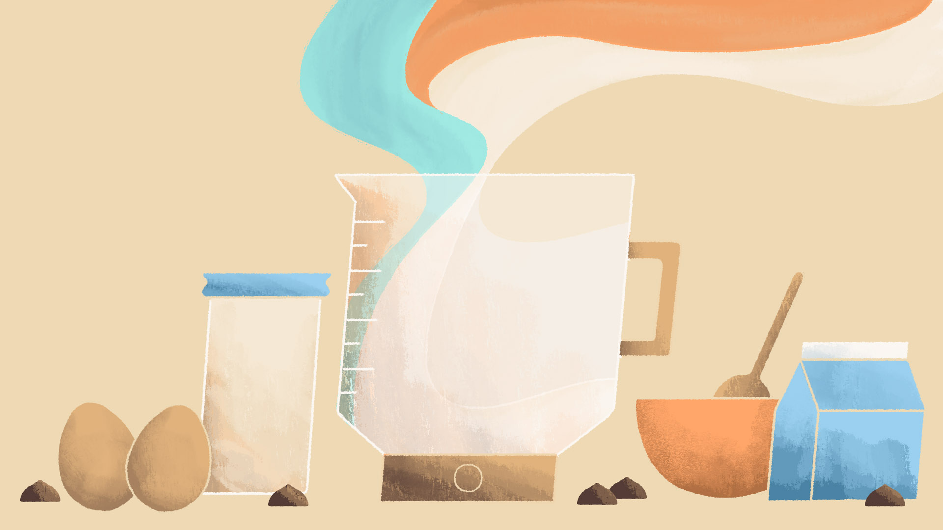 Illustration with baking equipment and a blender with ingredients coming out of it