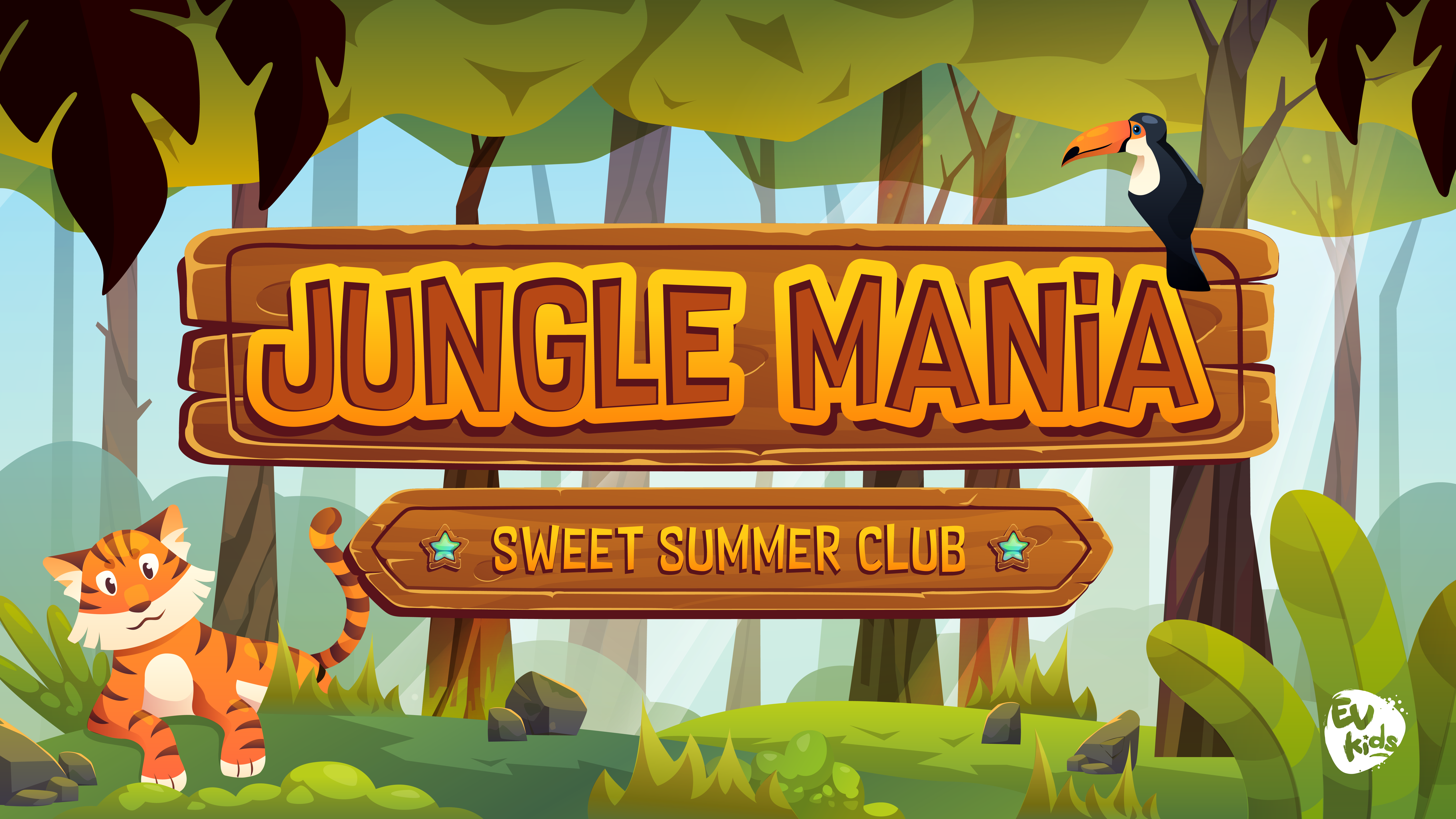 An illustration that reads "Jungle Mania, Sweet Summer Club" set in a jungle with a tiger and toucan nearby