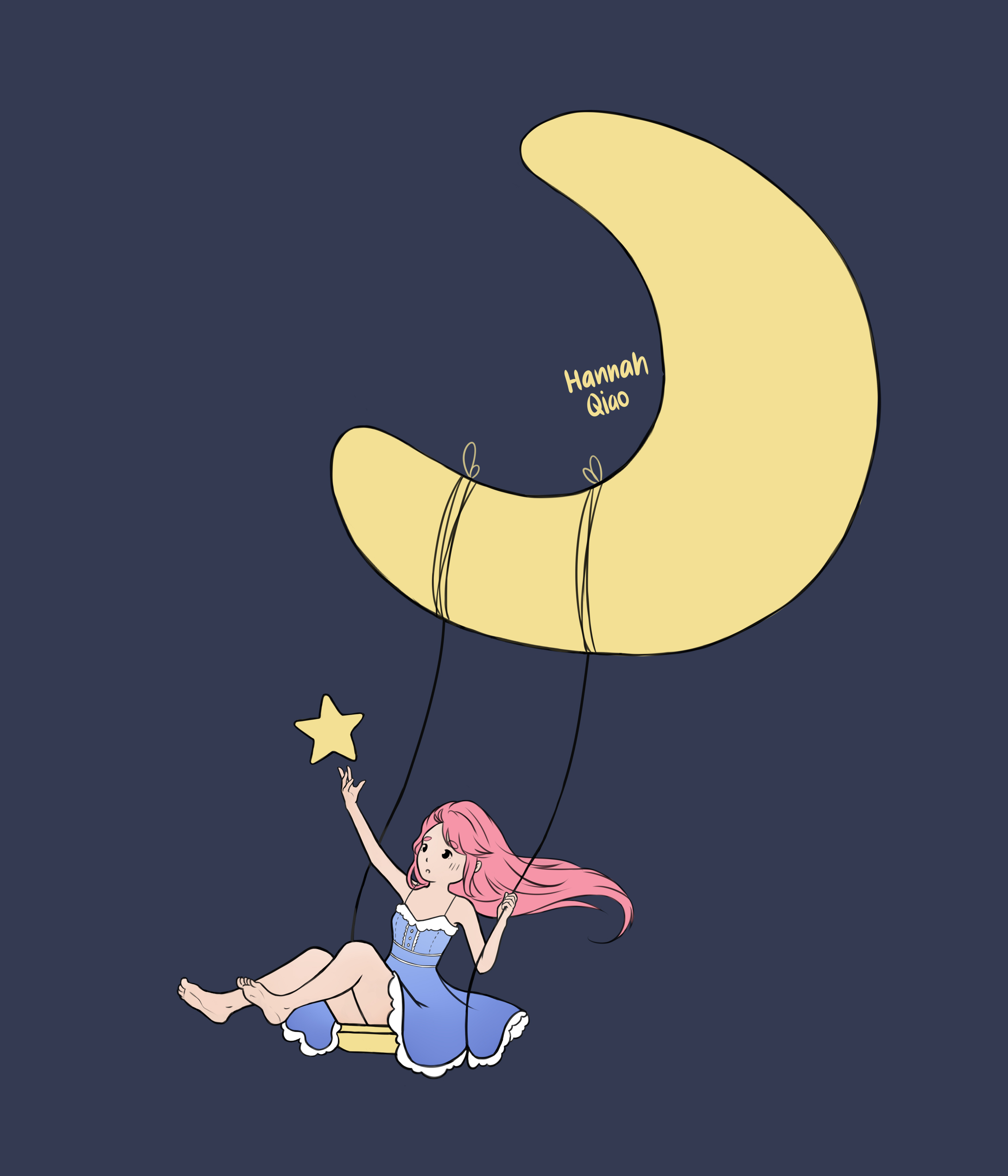 Girl on a swinging hanging off the moon. The girl is reaching her hand out towards a star