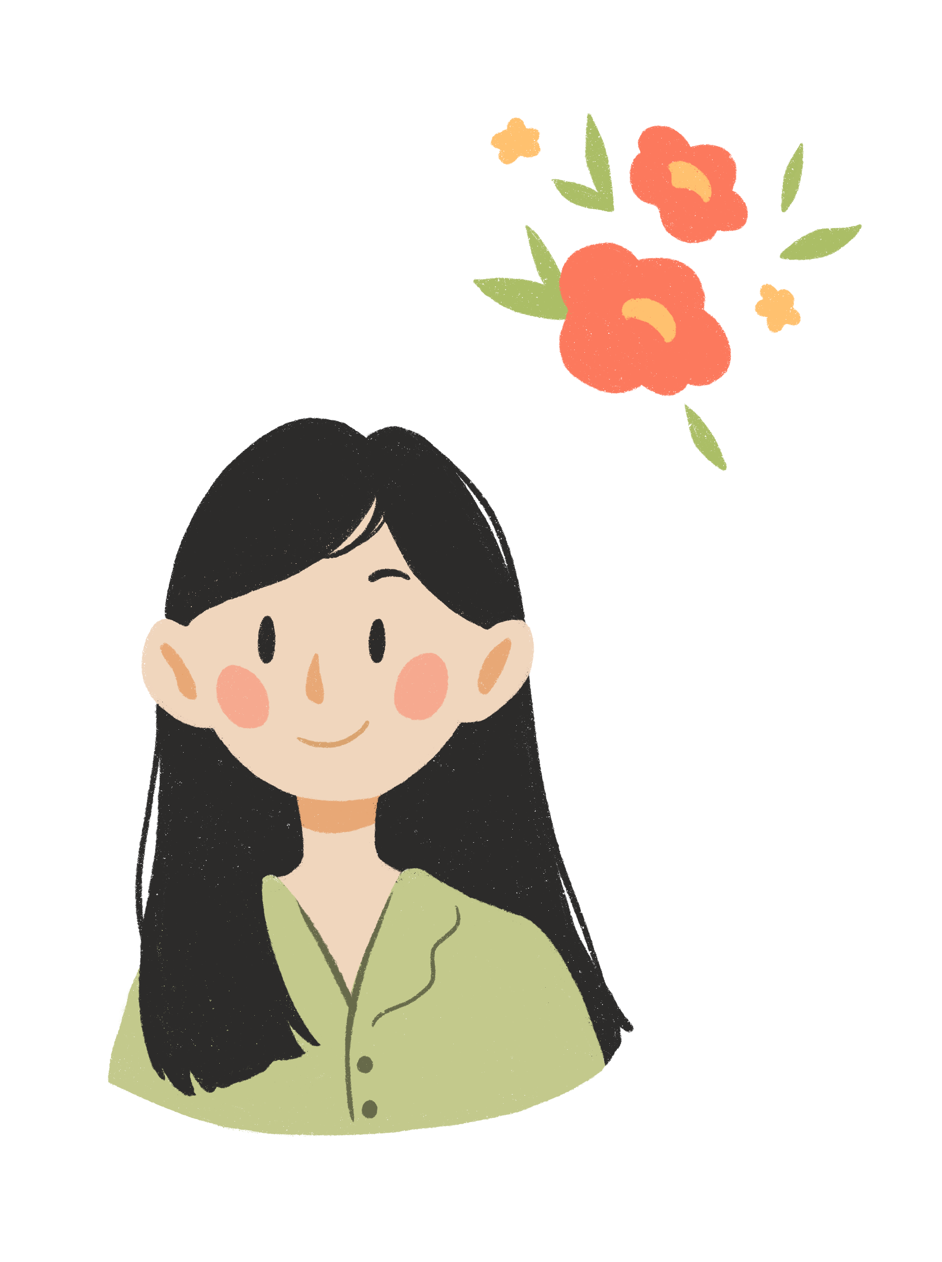 Illustration of a girl with long black hair, green top, and orange flowers around her