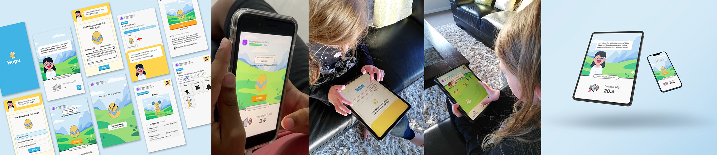 screenshots of the Hopu mobile app and children playing the game