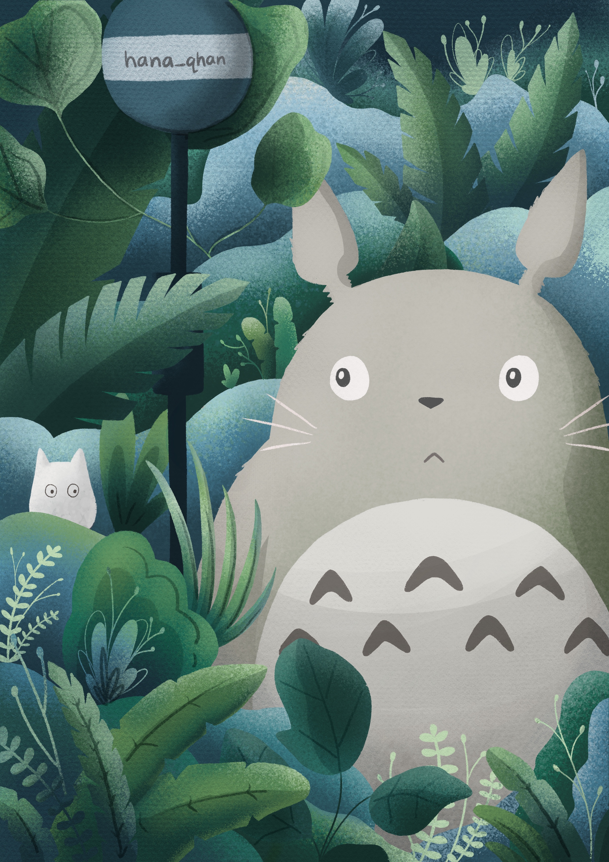 Totoro, from the animated film "My Neighbour Totoro", surounded by plants and foliage