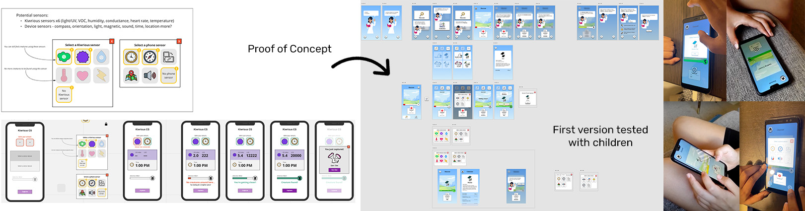 App designs and photos of children testing the app