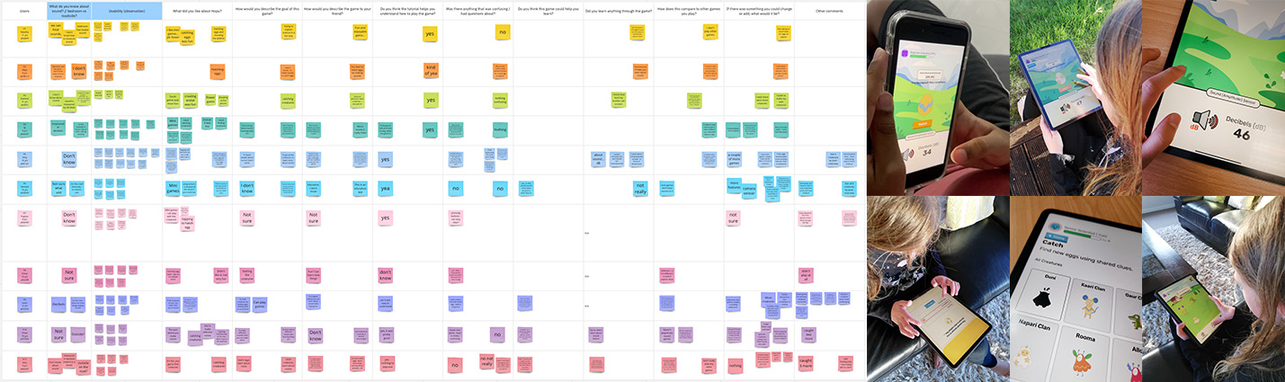 Screenshot of post it notes showing childrens' feedback and photos of children playing a mobile game (Hopu)