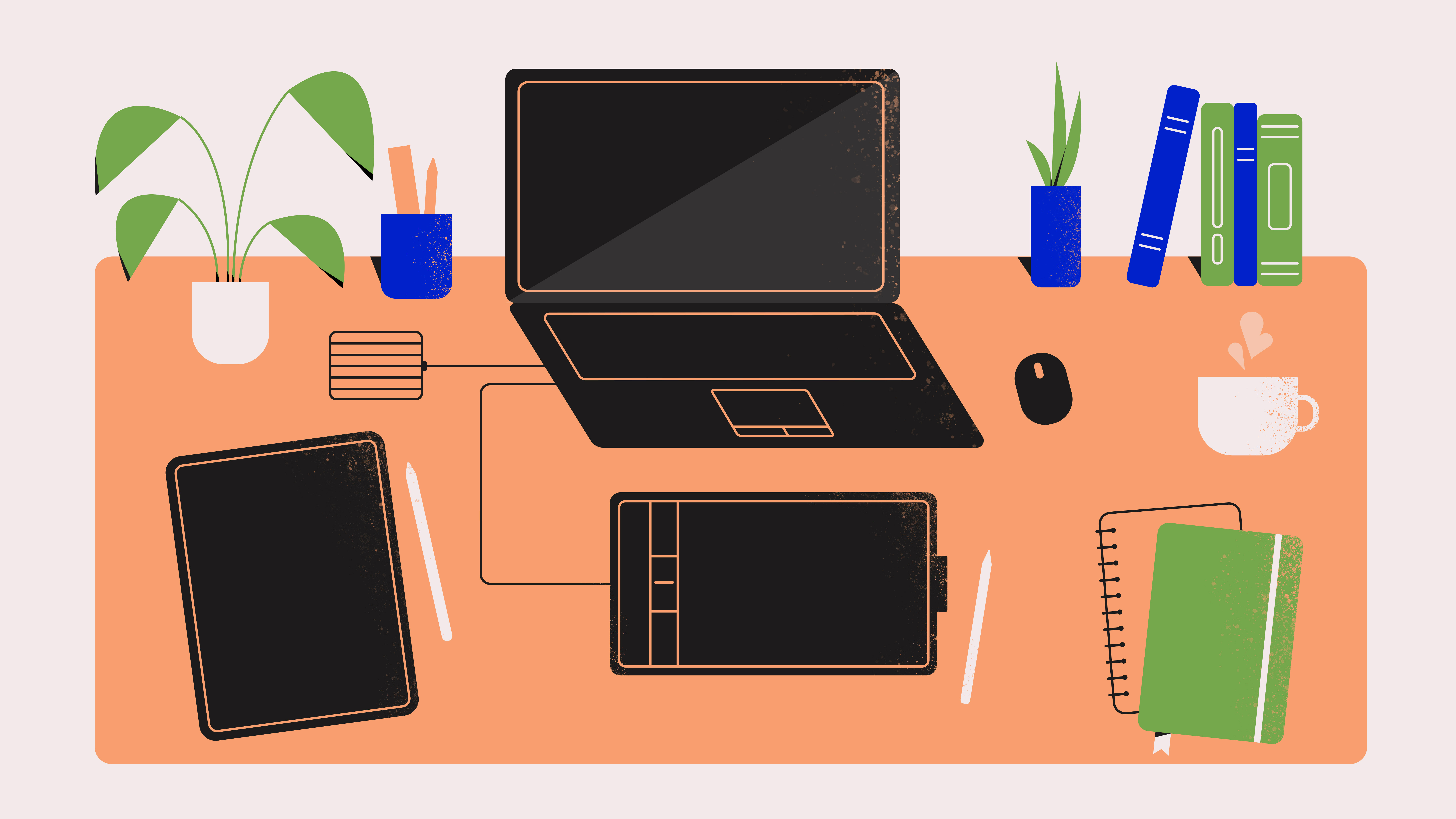 An illustration of a workspace, with a laptop, digital devices, books and plants on the table